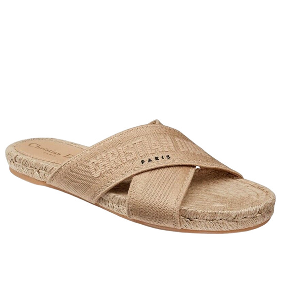 Christian Dior Granville Dway Gold Beige Espadrille Logo Slide Flat Sandal 35 - Picture 1 of 12
